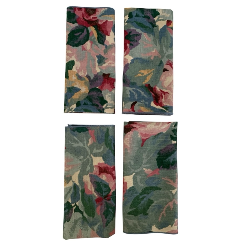 Custom Handmade Floral Cloth Napkin Set of 4 Jewel Tone Pink Green Cream Blue